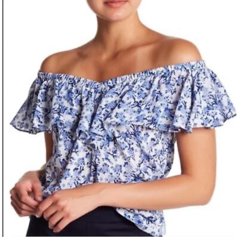 REBECCA TAYLOR White off shoulder top blue flowers, Size 0. LIKE NEW